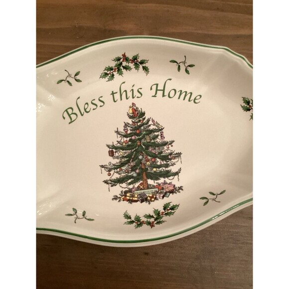 SPODE CHRISTMAS TREE “BLESS THIS HOME “ HOLIDAY SERVING TRAY 11" X 7"     NIB - Picture 6 of 9